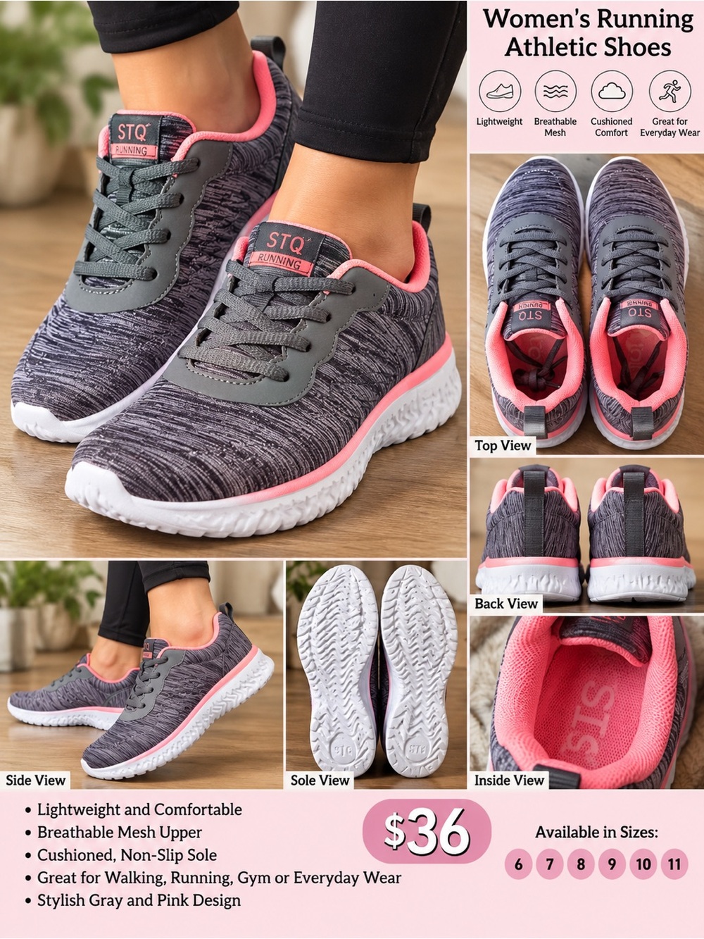 Women's Gray and Pink Running Shoes